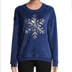Sequin Snowflake Long Sleeve Fleece Sweaters in Blue NWT